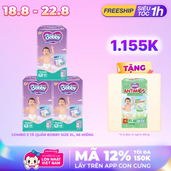 Combo 3 Tã quần Bobby size XL, 66 miếng (giao bao bì ngẫu nhiên)