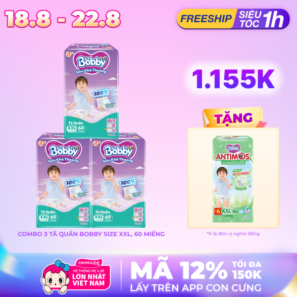 Combo 3 Tã quần Bobby size XXL, 60 miếng (giao bao bì ngẫu nhiên)