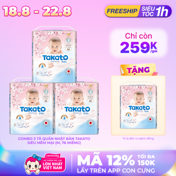 Combo 3 Tã quần Takato siêu mềm mại (M, 76 miếng)