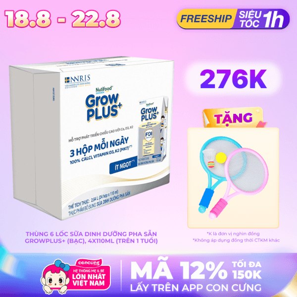 Thùng 6 lốc sữa dinh dưỡng pha sẵn GrowPLUS+ (Bạc), 4x110ml (trên 1 tuổi)