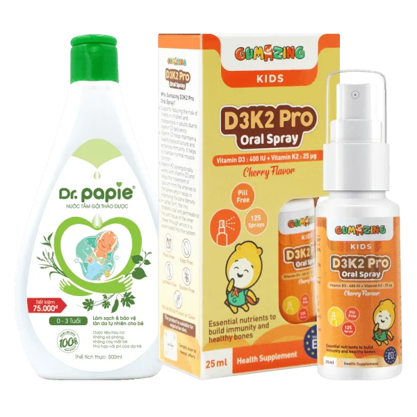 Combo 1 Nước tắm thảo dược Dr Papie 500ml và 1 Gumazing D3K2 Pro Oral Spray 25ml