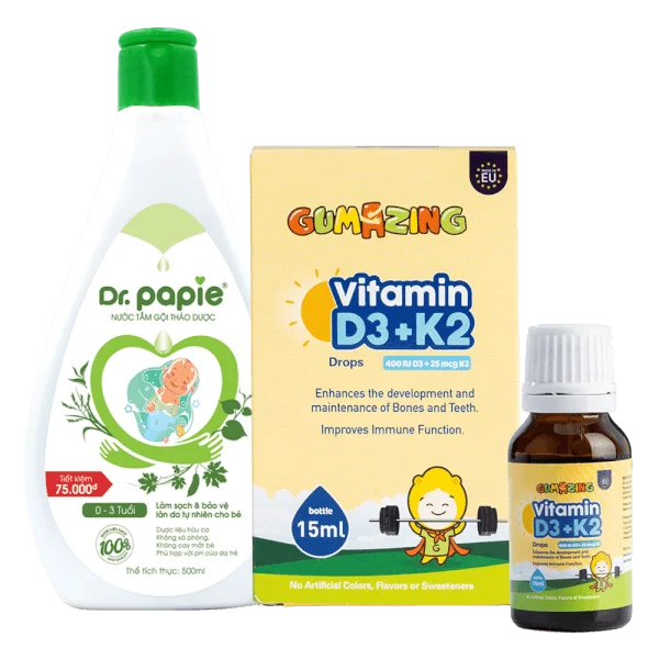 Combo 1 Gumazing Vitamin D3K2 Drops và 1 Nước tắm thảo dược Dr.Papie 500ml