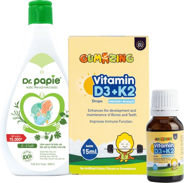 Combo 1 Gumazing Vitamin D3K2 Drops và 1 Nước tắm thảo dược Dr.Papie 500ml