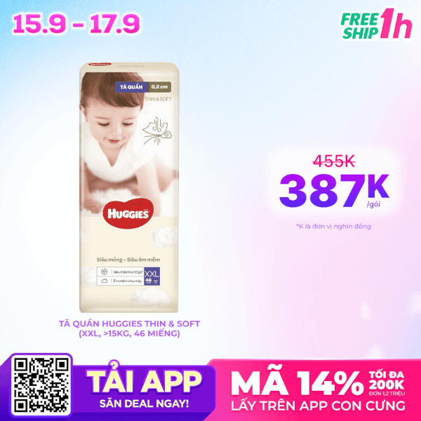 Tã quần Huggies Thin & Soft  (XXL, >15kg, 46 miếng)