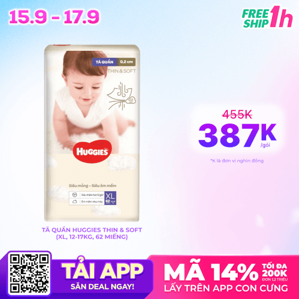 Tã quần Huggies Thin & Soft  (XL, 12-17kg, 62 miếng)