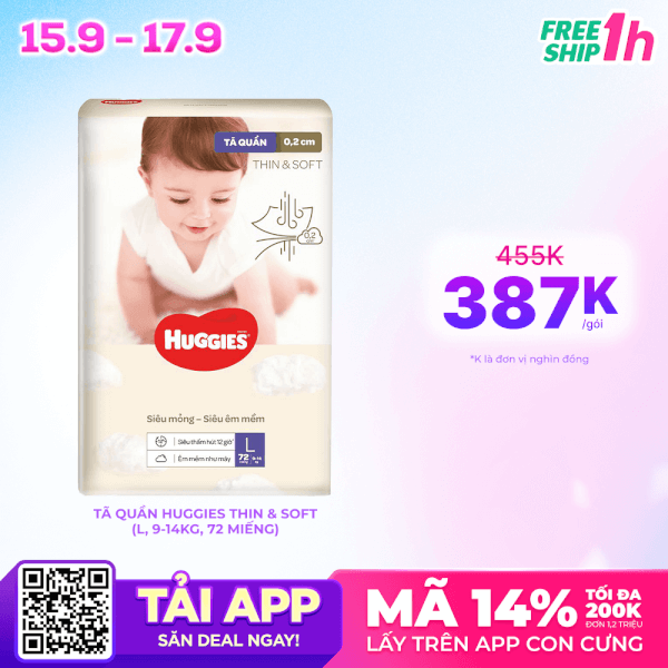 Tã quần Huggies Thin & Soft  (L, 9-14kg, 72 miếng)