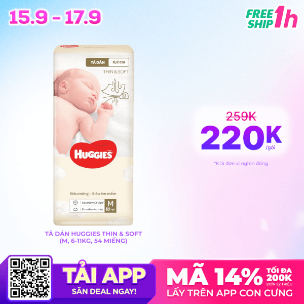 Combo 4 Tã dán Huggies Thin & Soft  (M, 6-11kg, 54 miếng)