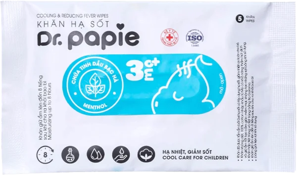 Khăn lau hạ sốt Dr.Papie 5 tờ cho bé 3M+