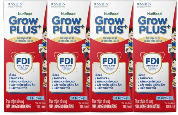 Sữa GrowPLUS+ ít đường 180ml (lốc 4 hộp) (Giao bao bì ngẫu nhiên)