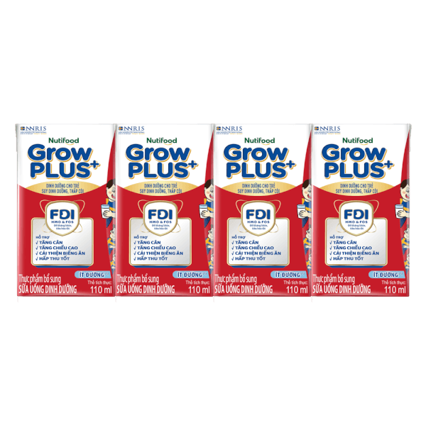Sữa GrowPLUS+ ít đường 110ml (lốc 4 hộp) (Giao bao bì ngẫu nhiên)