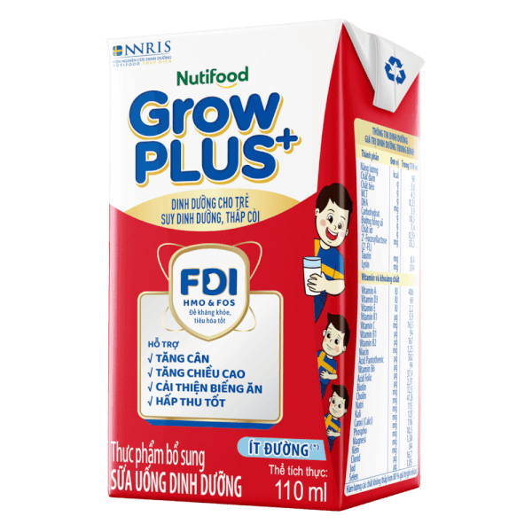 Sữa GrowPLUS+ ít đường 110ml (lốc 4 hộp) (Giao bao bì ngẫu nhiên)