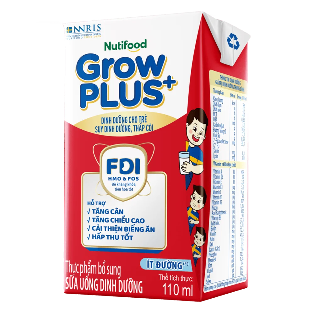 Thùng SPDDPS GrowPLUS 110ml Ít đường (lốc 4 hộp) - 12 lốc