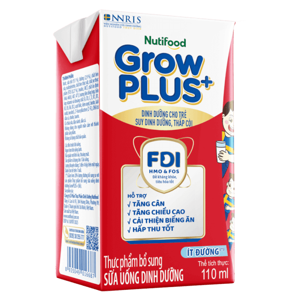 Sữa GrowPLUS+ ít đường 110ml (lốc 4 hộp) (Giao bao bì ngẫu nhiên)