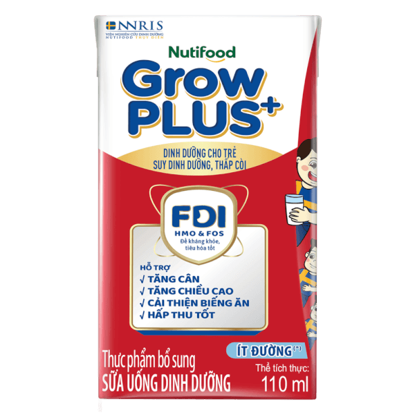 Sữa GrowPLUS+ ít đường 110ml (lốc 4 hộp) (Giao bao bì ngẫu nhiên)