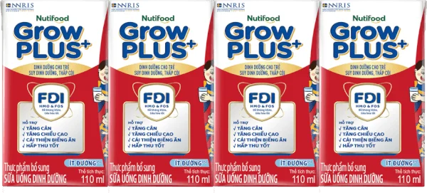 Sữa GrowPLUS+ ít đường 110ml (lốc 4 hộp) (Giao bao bì ngẫu nhiên)
