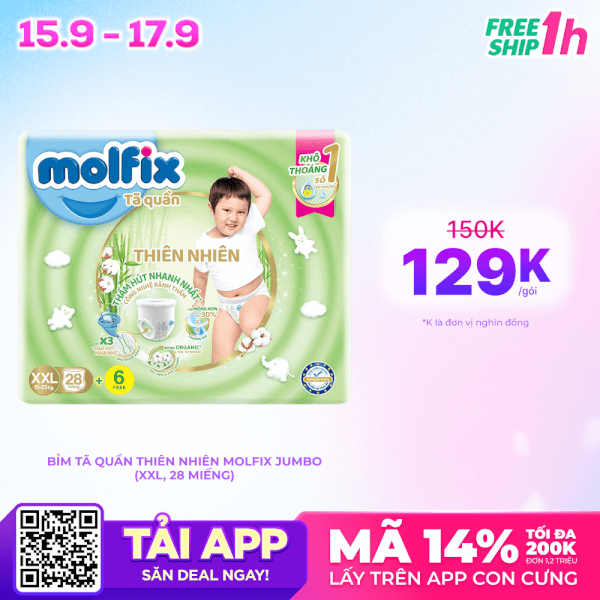 Bỉm tã quần thiên nhiên Molfix Jumbo (XXL, 28 miếng)
