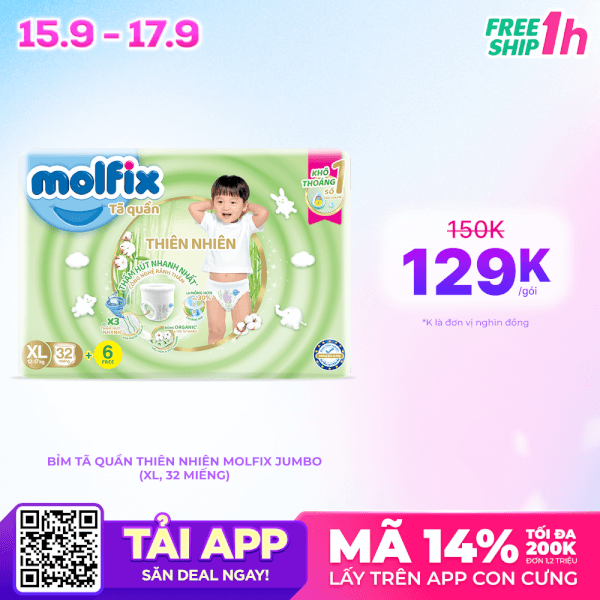 Bỉm tã quần thiên nhiên Molfix Jumbo (XL, 32 miếng)