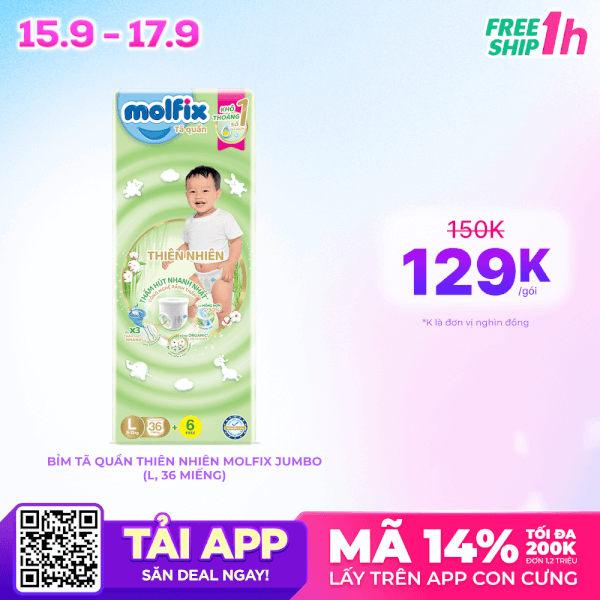 Bỉm tã quần thiên nhiên Molfix Jumbo (L, 36 miếng)