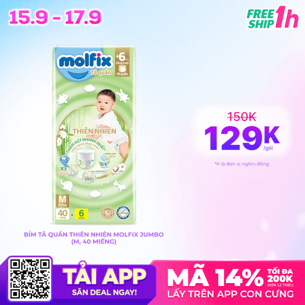 Bỉm tã quần thiên nhiên Molfix Jumbo (M, 40 miếng)