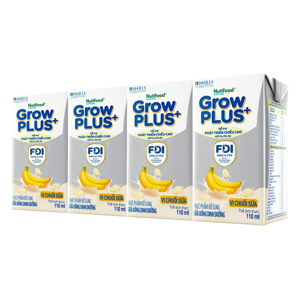 Sữa bột pha sẵn GrowPLUS+ vị chuối 110ml (lốc 4 hộp) (Trên 1 tuổi)