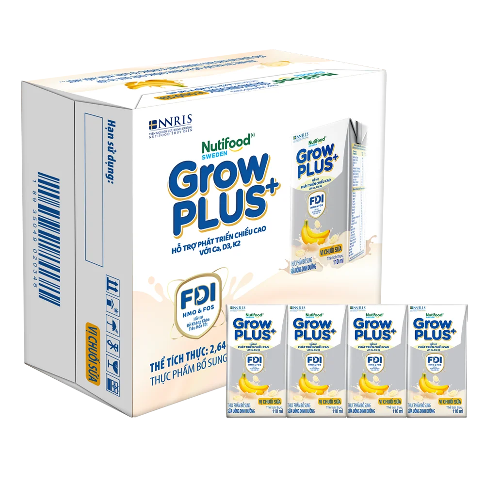 Sữa bột pha sẵn GrowPLUS+ vị chuối 110ml (lốc 4 hộp) (Trên 1 tuổi)
