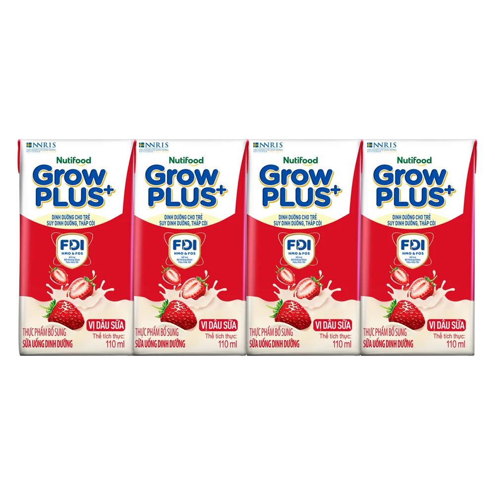 Sữa bột pha sẵn GrowPLUS+ vị dâu 110ml (lốc 4 hộp) (Trên 1 tuổi)