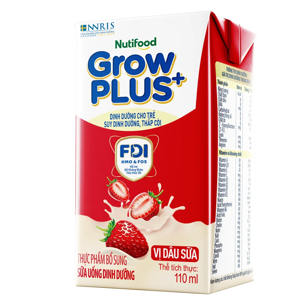 Sữa bột pha sẵn GrowPLUS+ vị dâu 110ml (lốc 4 hộp) (Trên 1 tuổi)