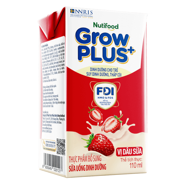 Sữa bột pha sẵn GrowPLUS+ vị dâu 110ml (lốc 4 hộp) (Trên 1 tuổi)