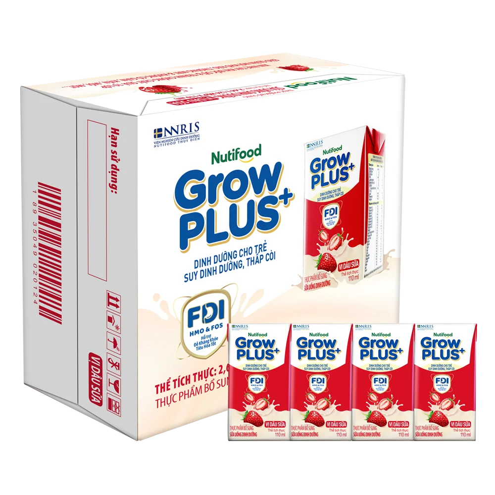 Sữa bột pha sẵn GrowPLUS+ vị dâu 110ml (lốc 4 hộp) (Trên 1 tuổi)
