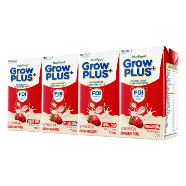 Sữa bột pha sẵn GrowPLUS+ vị dâu 110ml (lốc 4 hộp) (Trên 1 tuổi)