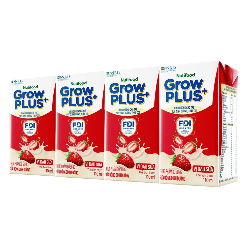 Sữa bột pha sẵn GrowPLUS+ vị dâu 110ml (lốc 4 hộp) (Trên 1 tuổi)