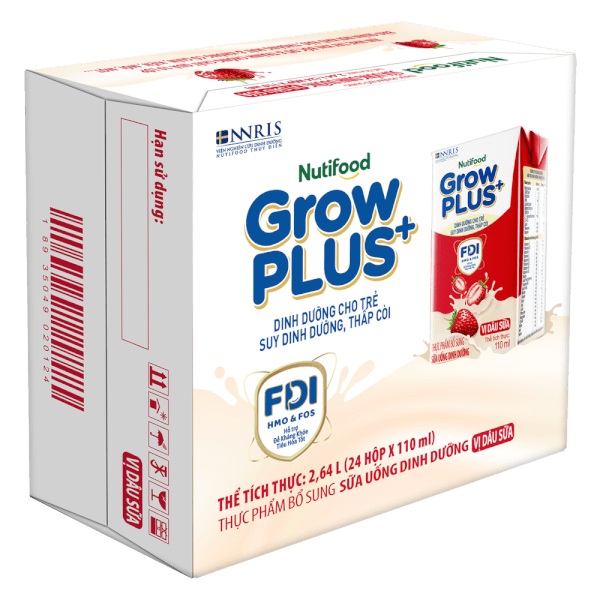 Sữa bột pha sẵn GrowPLUS+ vị dâu 110ml (lốc 4 hộp) (Trên 1 tuổi)