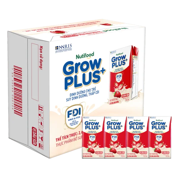 Thùng Sữa bột pha sẵn GrowPLUS+ vị dâu 110ml (lốc 4 hộp) (Trên 1 tuổi)