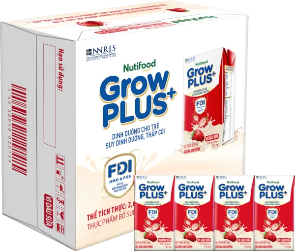 Thùng Sữa bột pha sẵn GrowPLUS+ vị dâu 110ml (lốc 4 hộp) (Trên 1 tuổi)