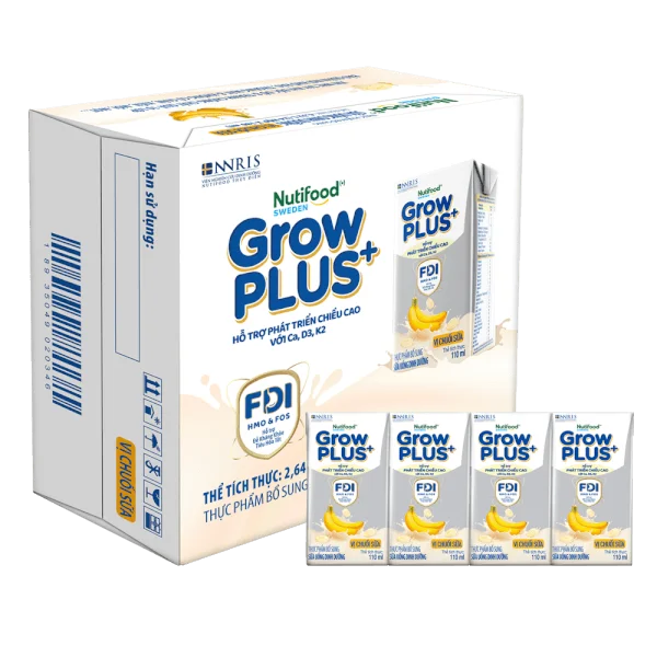 Thùng Sữa bột pha sẵn GrowPLUS+ vị chuối 110ml (lốc 4 hộp) (Trên 1 tuổi)
