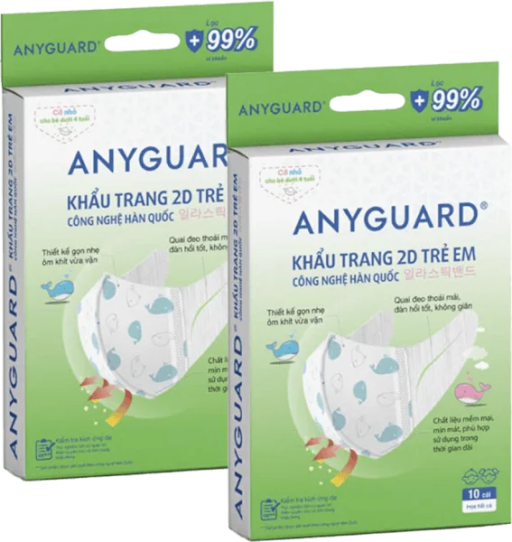 Combo 2 Khẩu trang y tế 2D Anyguard cho bé dưới 4 tuổi (10 cái/hộp)