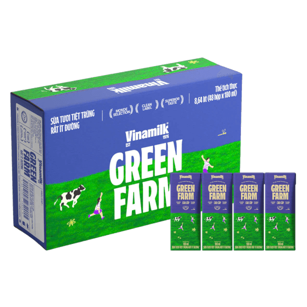 Thùng Sữa tươi tiệt trùng Vinamilk Green Farm rất ít đường 180ml (lốc 4 hộp)