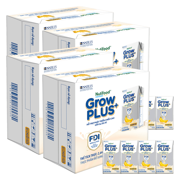 Combo 4  thùng sữa bột pha sẵn GrowPLUS+ vị chuối 110ml (lốc 4 hộp) (Trên 1 tuổi)