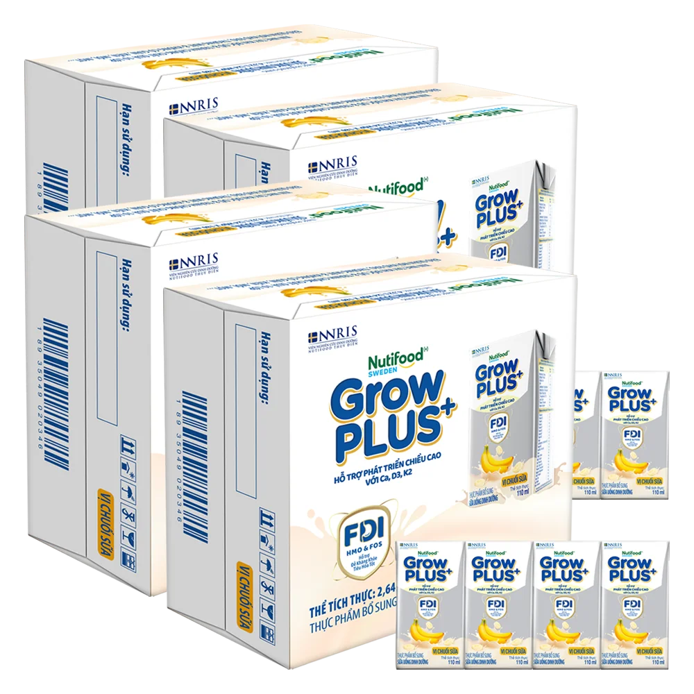 4 thùng sữa bột pha sẵn GrowPLUS+ vị chuối 110ml (lốc 4 hộp) (Trên 1 tuổi)