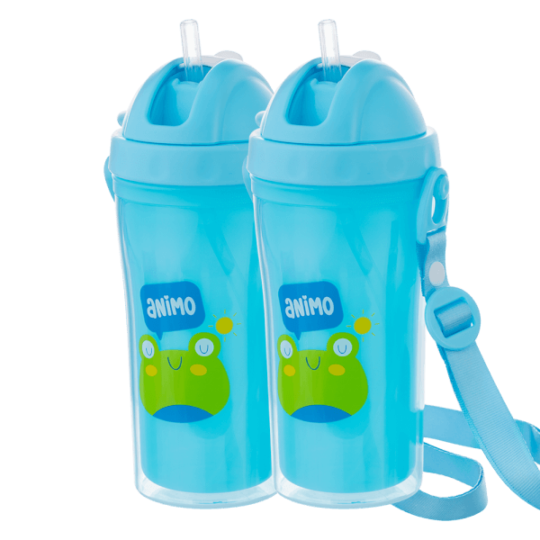 Combo 2 bình tập uống PP 2 lớp kèm dây đeo Animo (340ml, hồng, RK3415A)
