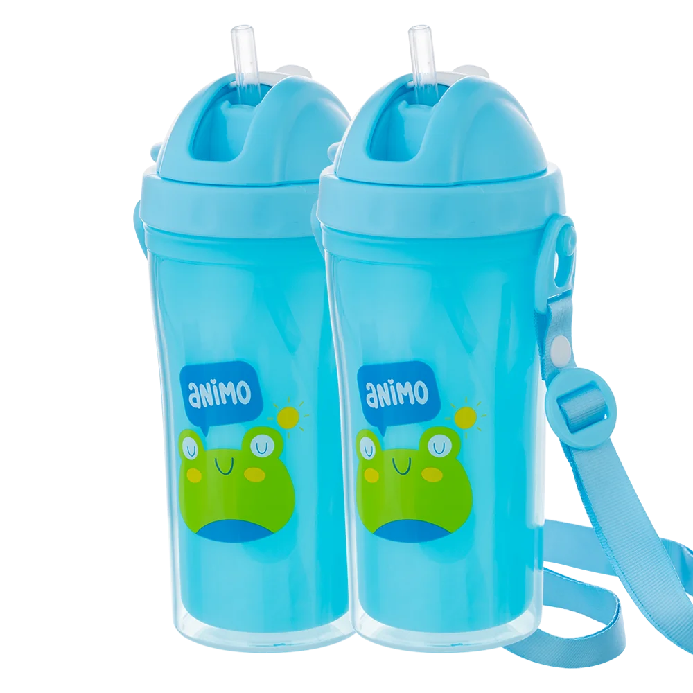 Combo 2 bình tập uống PP 2 lớp kèm dây đeo Animo (340ml, hồng, RK3415A)