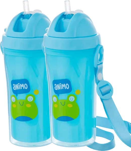 Combo 2 bình tập uống PP 2 lớp kèm dây đeo Animo (340ml, hồng, RK3415A)