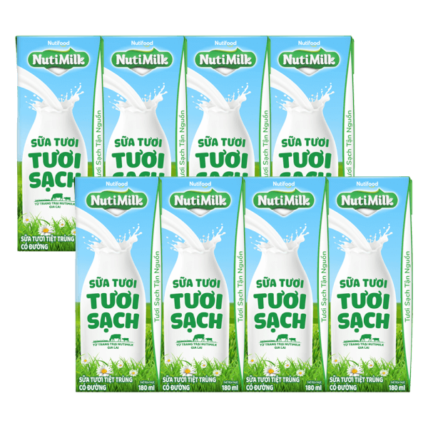 Combo 2 lốc sữa tươi sạch tiệt trùng Nutimilk, có đường, 180ml (lốc 4 hộp)
