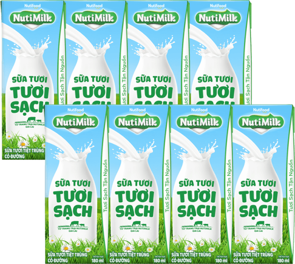 Combo 2 lốc sữa tươi sạch tiệt trùng Nutimilk, có đường, 180ml (lốc 4 hộp)