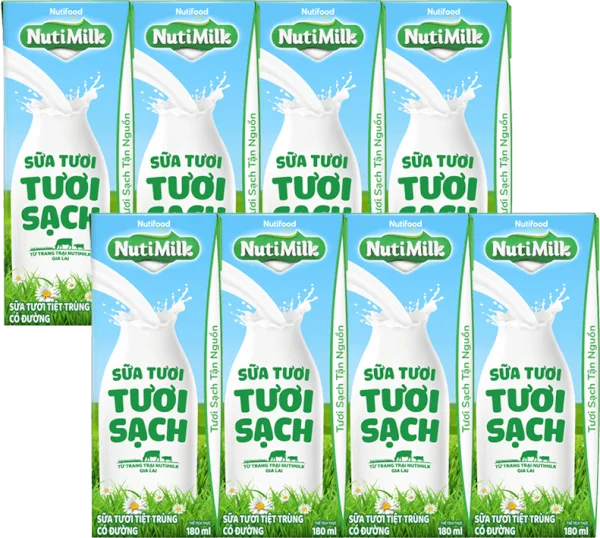 Combo 2 lốc sữa tươi sạch tiệt trùng Nutimilk, có đường, 180ml (lốc 4 hộp)