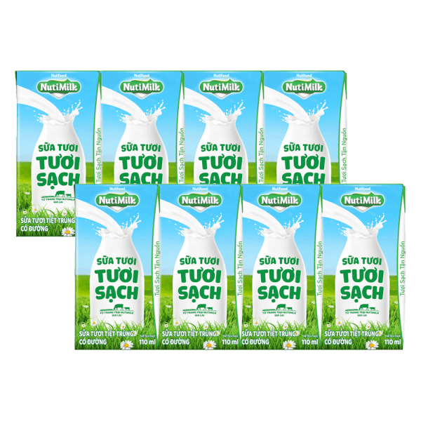 Combo 2 lốc sữa tươi sạch tiệt trùng Nutimilk, có đường, 110ml (lốc 4 hộp)