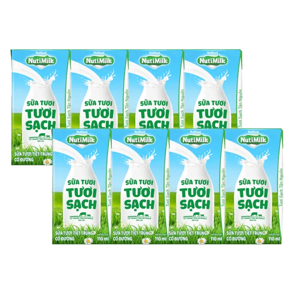 Combo 2 lốc sữa tươi sạch tiệt trùng Nutimilk, có đường, 110ml (lốc 4 hộp)