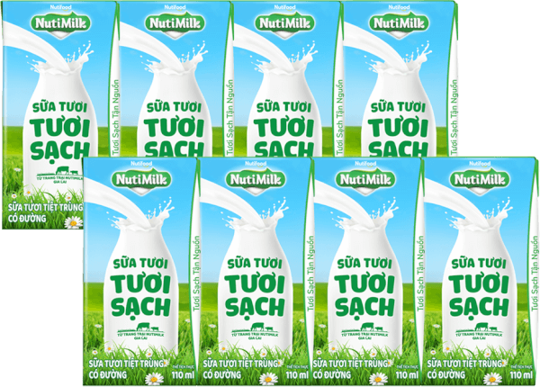 Combo 2 lốc sữa tươi sạch tiệt trùng Nutimilk, có đường, 110ml (lốc 4 hộp)