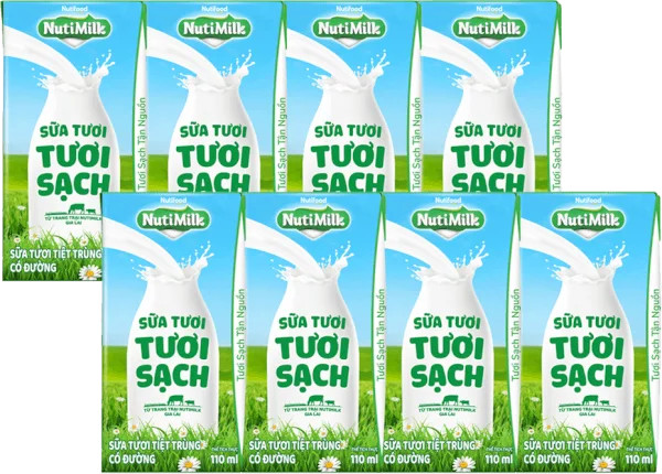 Combo 2 lốc sữa tươi sạch tiệt trùng Nutimilk, có đường, 110ml (lốc 4 hộp)