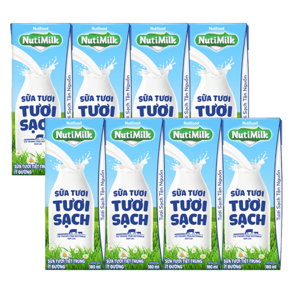 Combo 2 lốc sữa tươi sạch tiệt trùng Nutimilk, ít đường, 180ml (lốc 4 hộp)